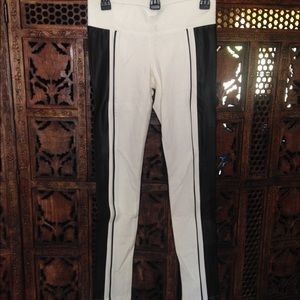 White leggings with faux leather side strips
